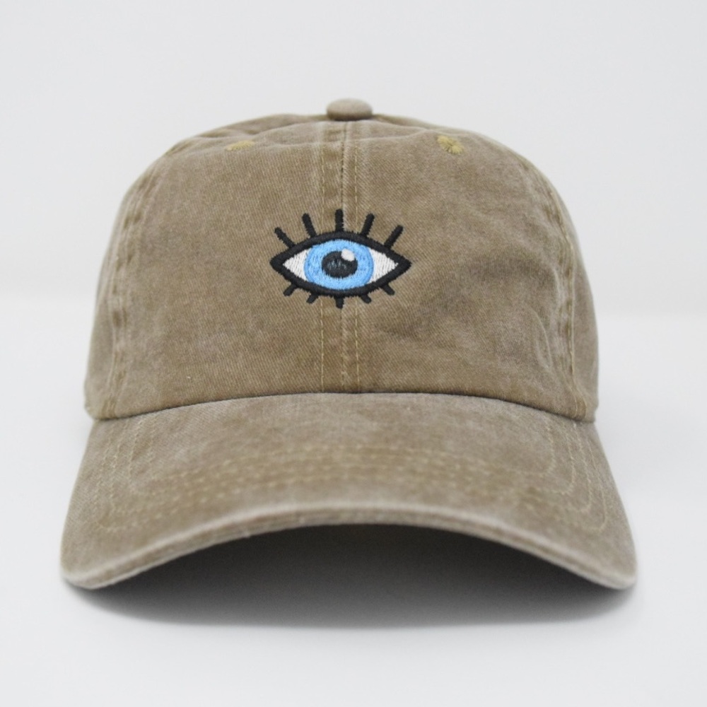 Dark Beige - Evil Eye Embroidered 6 Panel Pigment Dyed Baseball Dad Hat
